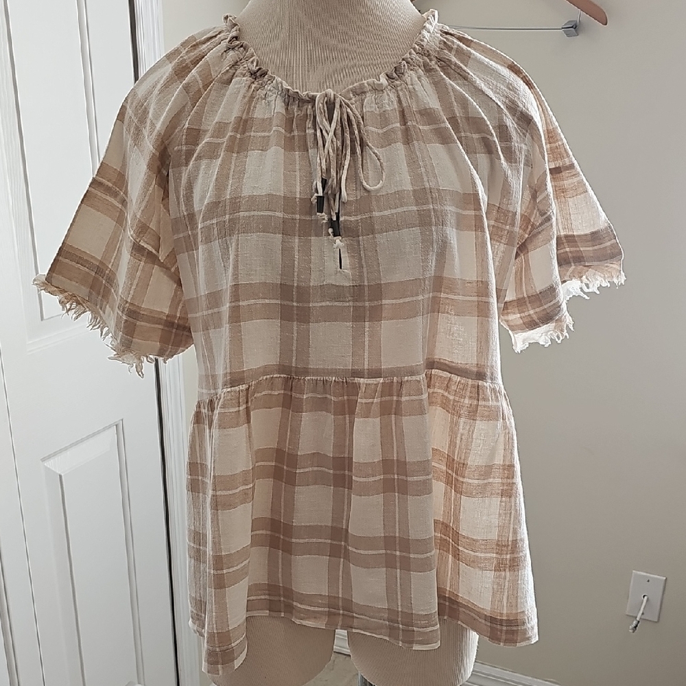 Athropollogie Pilcro Plaid Beige Women's‎ Babydoll Top Small
